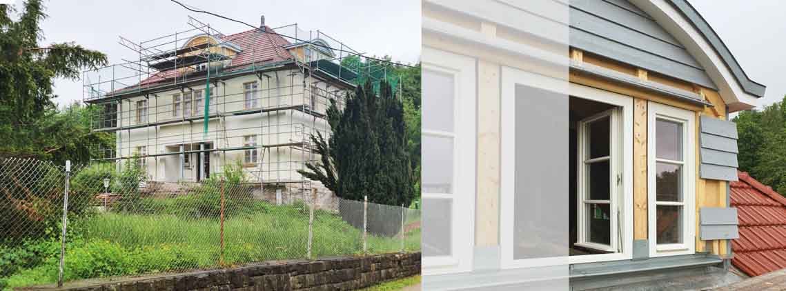Villa Sauerbrey - Stulpschalung der Gauben und Fassadengerüst