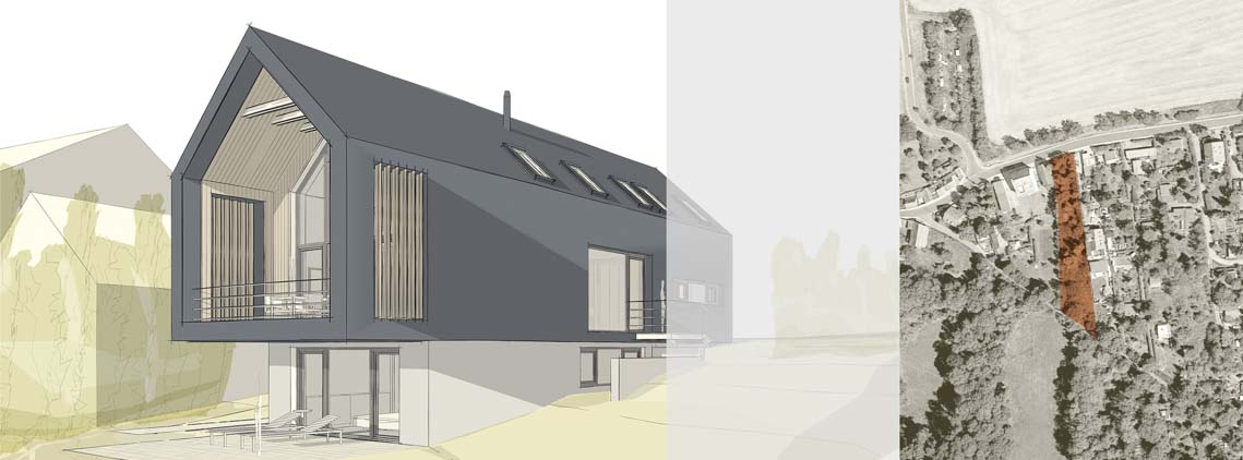 Entwurfsskizze Perspektive Einfamilienhaus am Hang und Luftbild