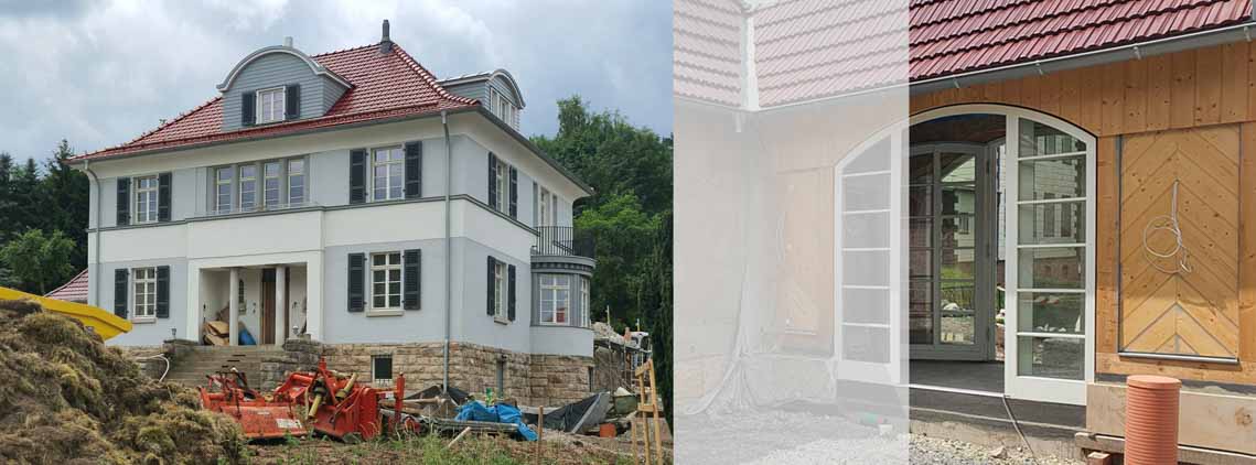 Villa Sauerbrey - fertige Fassadenansicht und Holzverschalung mit neuem Holzfenster