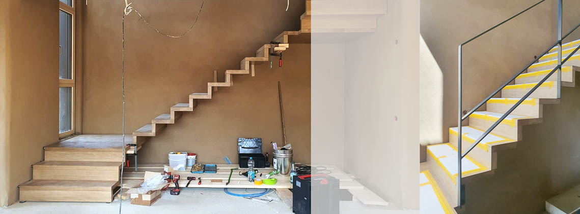 Faltwerktreppe aus Eiche mit Stahlgeländer