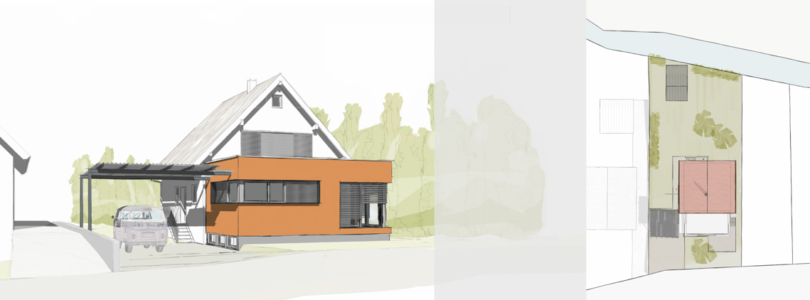 Entwurfszeichnung Perspektive und Lageplan Anbau Einfamilienhaus