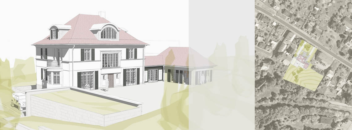 Entwurfsperspektive Villa Sayerbrey und Lageplan Luftbild