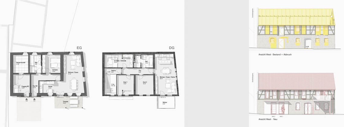 Umbau Scheune zum Wohnhaus Grundrisse Entwurf und Ansichten Genehmigungsplanung