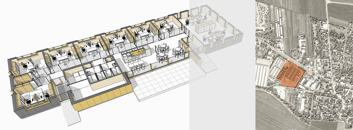 Schnittperspektive des neuen Bürogebäudes und Luftbild