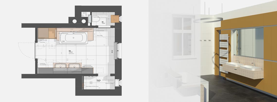 Entwurf Badezimmer Grundriss und Rendering